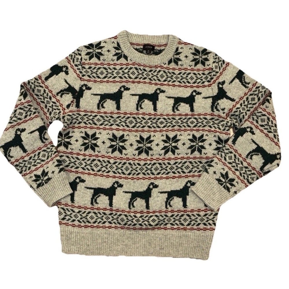 J Crew Sweater Mens Medium Beige Wool Fair Isle Dog Tree Pattern Crewneck Winter